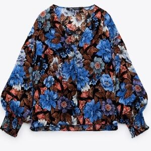 Zara Floral Blouse - Blue, Brown, and Red
